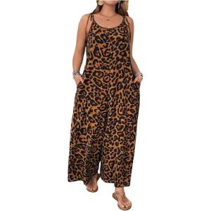 imageOYOANGLE Womens Plus Size Leopard Print Tie Shoulder Jumpsuits Long Pants Romper with PocketDeep Brown