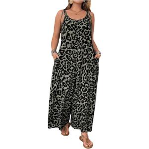 imageOYOANGLE Womens Plus Size Leopard Print Tie Shoulder Jumpsuits Long Pants Romper with PocketGrey