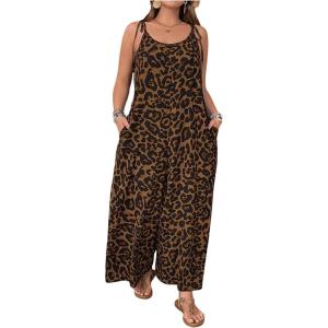 imageOYOANGLE Womens Plus Size Leopard Print Tie Shoulder Jumpsuits Long Pants Romper with PocketMocha Brown