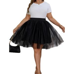 imageOYOANGLE Womens Plus Size Mesh Tutu Tulle Skirt Midi Knee Length Elastic Waist SkirtBlack