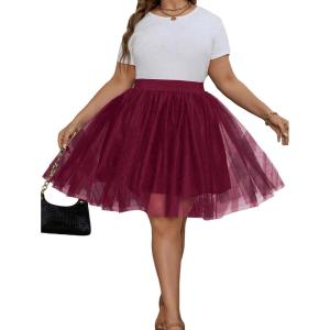 imageOYOANGLE Womens Plus Size Mesh Tutu Tulle Skirt Midi Knee Length Elastic Waist SkirtBurgundy