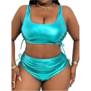 imageOYOANGLE Womens Plus Size Metallic Scoop Neck Bikini Set Drawstring Ruched Swimsuit BeachwearCadet Blue