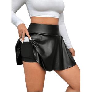 imageOYOANGLE Womens Plus Size PU Leather Ruffle Short Skirts High Waist Pleated Skater Skirt with Built in ShortsBlack