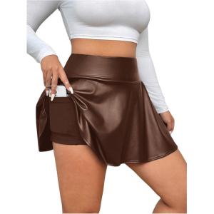 imageOYOANGLE Womens Plus Size PU Leather Ruffle Short Skirts High Waist Pleated Skater Skirt with Built in ShortsBrown