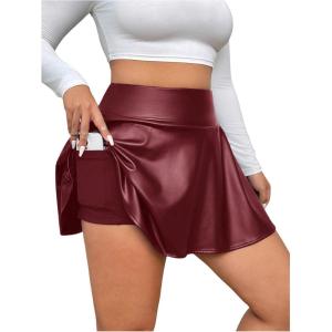 imageOYOANGLE Womens Plus Size PU Leather Ruffle Short Skirts High Waist Pleated Skater Skirt with Built in ShortsBurgundy