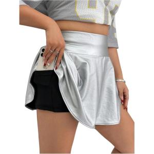 imageOYOANGLE Womens Plus Size PU Leather Ruffle Short Skirts High Waist Pleated Skater Skirt with Built in ShortsSilver