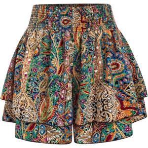 imageOYOANGLE Womens Plus Size Paisley Print Shorts Elastic High Waist Ruffle Loose Boho ShortsMulticolor
