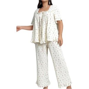 imageOYOANGLE Womens Plus Size Pajama Set Floral Short Sleeve Sleepwear Ruffle Pants 2 Piece Pjs Lounge SetApricot