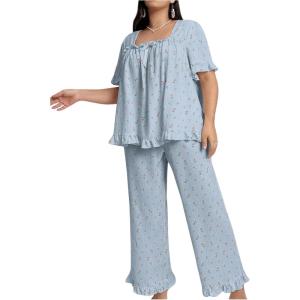 imageOYOANGLE Womens Plus Size Pajama Set Floral Short Sleeve Sleepwear Ruffle Pants 2 Piece Pjs Lounge SetLight Blue