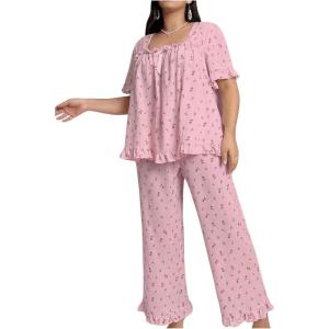 imageOYOANGLE Womens Plus Size Pajama Set Floral Short Sleeve Sleepwear Ruffle Pants 2 Piece Pjs Lounge SetPink