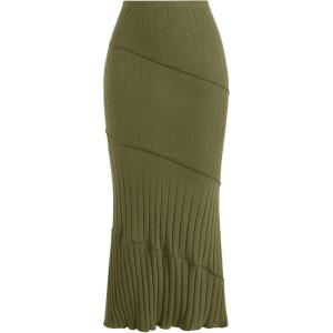 imageOYOANGLE Womens Plus Size Pleated Lettuce Hem Skirts Ribbed Knit Solid Slim Fit Long SkirtArmy Green