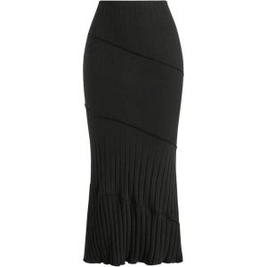 imageOYOANGLE Womens Plus Size Pleated Lettuce Hem Skirts Ribbed Knit Solid Slim Fit Long SkirtBlack