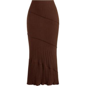 imageOYOANGLE Womens Plus Size Pleated Lettuce Hem Skirts Ribbed Knit Solid Slim Fit Long SkirtBrown