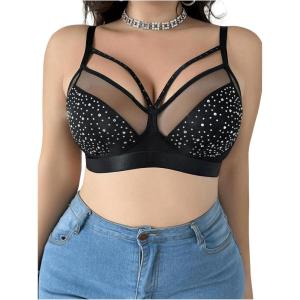 imageOYOANGLE Womens Plus Size Rhinestone Contrast Mesh Bras Wireless Cut Out Everyday BralettesBlack