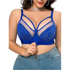 imageOYOANGLE Womens Plus Size Rhinestone Contrast Mesh Bras Wireless Cut Out Everyday BralettesBlue