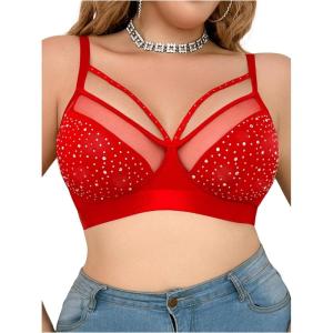 imageOYOANGLE Womens Plus Size Rhinestone Contrast Mesh Bras Wireless Cut Out Everyday BralettesRed