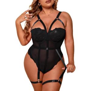 imageOYOANGLE Womens Plus Size Ring Linked Cut Out Sheer Mesh Teddy Bodysuit Garter Lingerie SetBlack