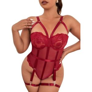 imageOYOANGLE Womens Plus Size Ring Linked Cut Out Sheer Mesh Teddy Bodysuit Garter Lingerie SetLight Burgundy
