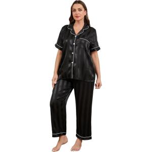 imageOYOANGLE Womens Plus Size Satin Pajama Set Silky Short Sleeve Button Down Tops and Pants Sleepwear LoungewearBlack Solid