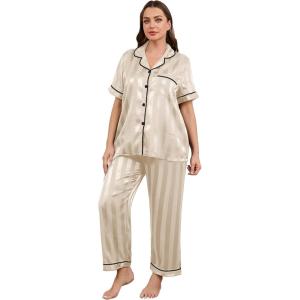imageOYOANGLE Womens Plus Size Satin Pajama Set Silky Short Sleeve Button Down Tops and Pants Sleepwear LoungewearChampagne