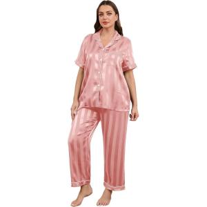 imageOYOANGLE Womens Plus Size Satin Pajama Set Silky Short Sleeve Button Down Tops and Pants Sleepwear LoungewearDusty Pink