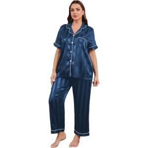 imageOYOANGLE Womens Plus Size Satin Pajama Set Silky Short Sleeve Button Down Tops and Pants Sleepwear LoungewearNavy Blue