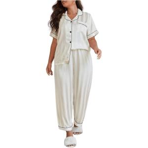 imageOYOANGLE Womens Plus Size Satin Pajama Set Silky Short Sleeve Button Down Tops and Pants Sleepwear LoungewearWhite