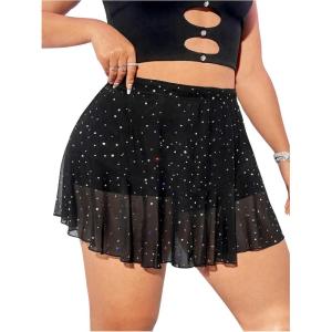 imageOYOANGLE Womens Plus Size Sequin Sparkly Mesh Skirt High Waisted Pleated Sheer Mini SkirtsBlack