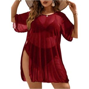 imageOYOANGLE Womens Plus Size Sheer Mesh Split Thigh Beach Cover Up Dress Bathing Suit SwimwearBurgundy