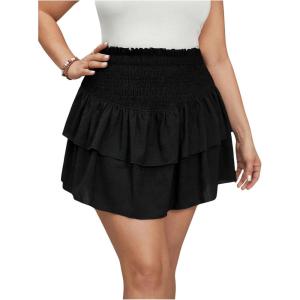 imageOYOANGLE Womens Plus Size Shirred Ruffled Mini Skirt Elastic High Waist Tiered Casual Short SkirtsBlack