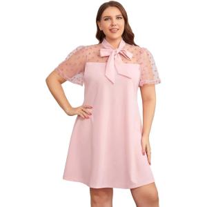 imageOYOANGLE Womens Plus Size Short Sleeve Dress Contrast Mesh Bow Tie Neck ALine Party DressPastel Pink