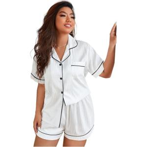 imageOYOANGLE Womens Plus Size Silky Satin Pajamas Short Sleeve Button up Pjs Lounge Sets SleepwearWhite and Black