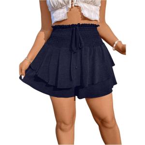 imageOYOANGLE Womens Plus Size Smocked Tiered Ruffle Flowy Shorts Drawstring Elastic Waist Wide Leg ShortsDeep Blue