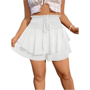 imageOYOANGLE Womens Plus Size Smocked Tiered Ruffle Flowy Shorts Drawstring Elastic Waist Wide Leg ShortsWhite