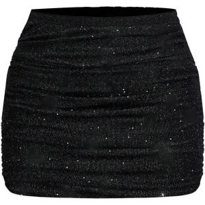 imageOYOANGLE Womens Plus Size Sparkly Ruched Bodycon Mini Skirt Elastic High Waist Glitter Pencil SkirtsBlack