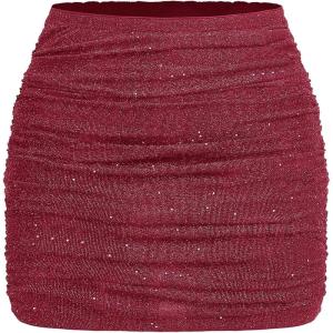 imageOYOANGLE Womens Plus Size Sparkly Ruched Bodycon Mini Skirt Elastic High Waist Glitter Pencil SkirtsBurgundy