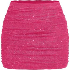 imageOYOANGLE Womens Plus Size Sparkly Ruched Bodycon Mini Skirt Elastic High Waist Glitter Pencil SkirtsHot Pink