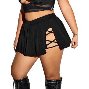 imageOYOANGLE Womens Plus Size Split Side Pleated Mini Skirts High Waist Flared A Line Short SkirtsBlack
