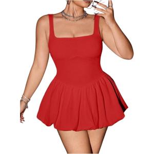 imageOYOANGLE Womens Plus Size Square Neck Ruffle Bubble Dress Sleeveless Flared A Line Short Tank DressRed