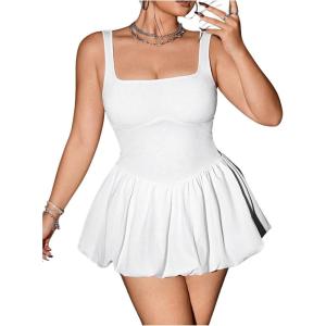 imageOYOANGLE Womens Plus Size Square Neck Ruffle Bubble Dress Sleeveless Flared A Line Short Tank DressWhite