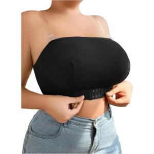 imageOYOANGLE Womens Plus Size Strapless Front Closure Tube Bras Wireless Seamless Bralettes with Clear StrapsBlack