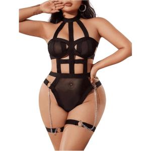 imageOYOANGLE Womens Plus Size Strappy Harness Cut Out Halter Teddy Bodysuits Garter Babydoll LingerieBlack