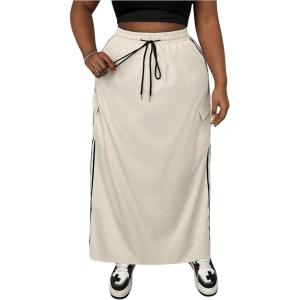 imageOYOANGLE Womens Plus Size Striped Side Drawstring Waist Cargo Skirt Loose Casual Maxi Skirts with Flap PocketsApricot