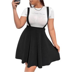 imageOYOANGLE Womens Plus Size Suspender Skirt High Waist Ruffle Hem Straps Overall Pinafore DressBlack