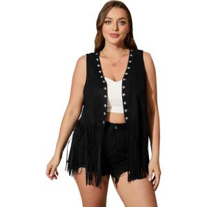 imageOYOANGLE Womens Plus Size Western Wear Cowgirl Outfits Fringe Trim Open Front Sleeveless Faux Suede Vest JacketBlack