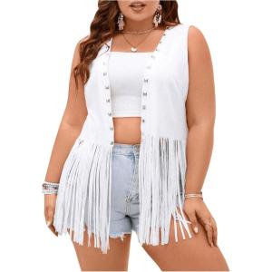 imageOYOANGLE Womens Plus Size Western Wear Cowgirl Outfits Fringe Trim Open Front Sleeveless Faux Suede Vest JacketWhite