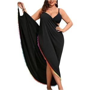 imageOYOANGLE Womens Plus Size Wrap V Neck Sleeveless Pom Pom Trim Beach Dress Cover Up BeachwearBlack