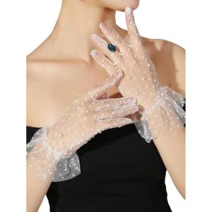 imageOYOANGLE Womens Polka Dots Pearls Sheer Mesh Tea Party Gloves Ruffle Trim Bridal GlovesWhite