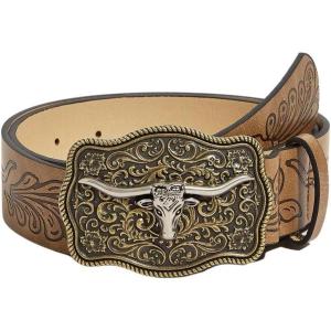 imageOYOANGLE Womens Vintage Western Cowgirl Leather Belts Floral Engraved Longhorn Bull Buckled Belt for JeansBrown