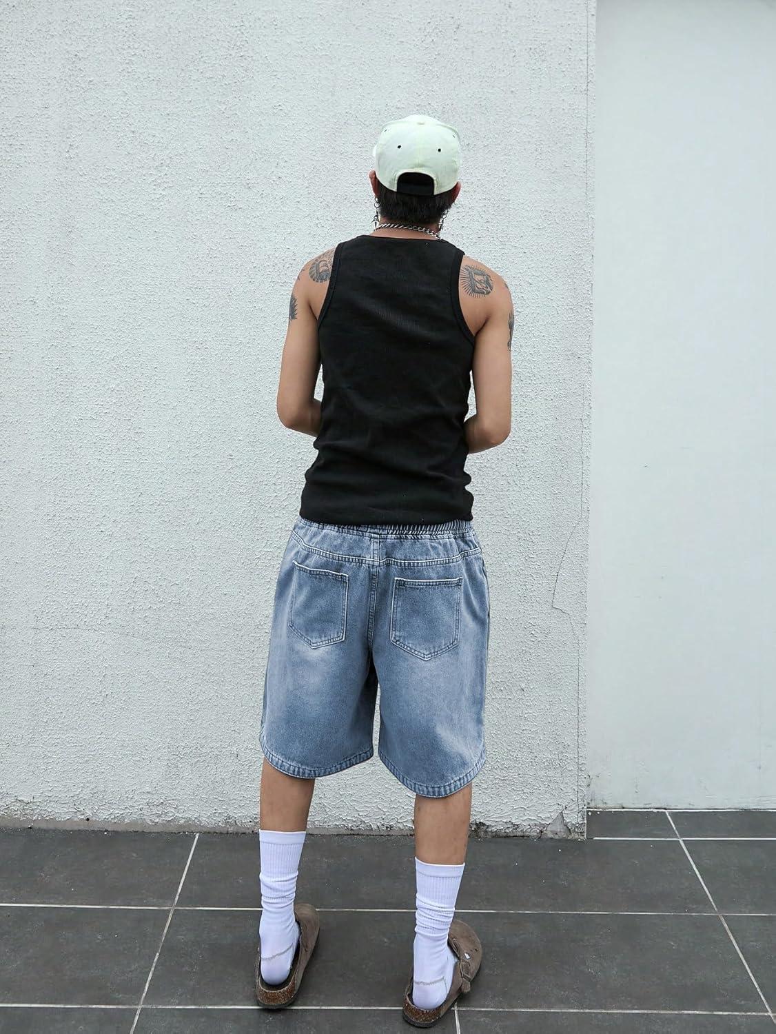 imageOYOANGLE Mens Vintage Denim Shorts Baggy Jean Shorts Elastic Drawstring Waist Baggy Jorts StreetwearBlack